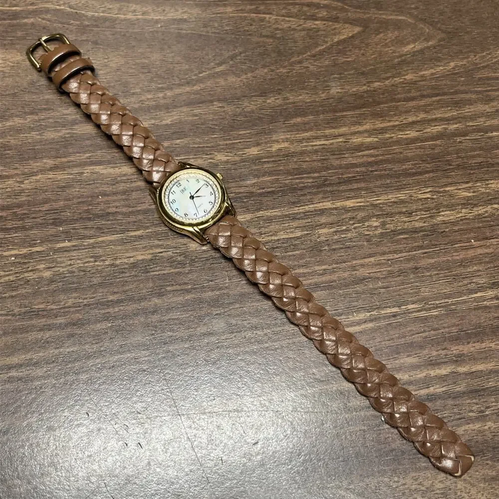 JBK Women's Watch Camrose Kross Gold-Tone Brown Braided Leather Strap Pearl Dial